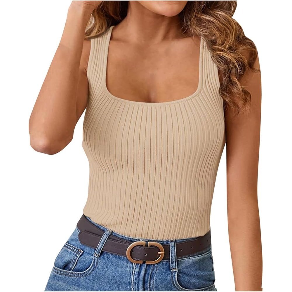 NSR‎ Womens Beige Ribbed Knit Square Neck Tank Top Sleeveless Shell  L